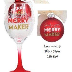 Merry Maker Christmas Holiday Wine Glass and Ornament Gift Set